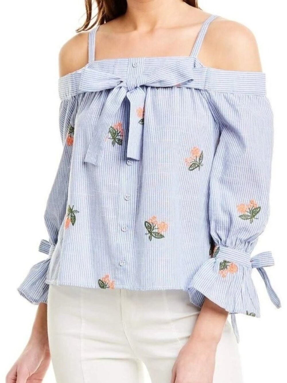 JOA Blue Stripe Floral Embroidered Cold Shoulder Bow Top Large Boho